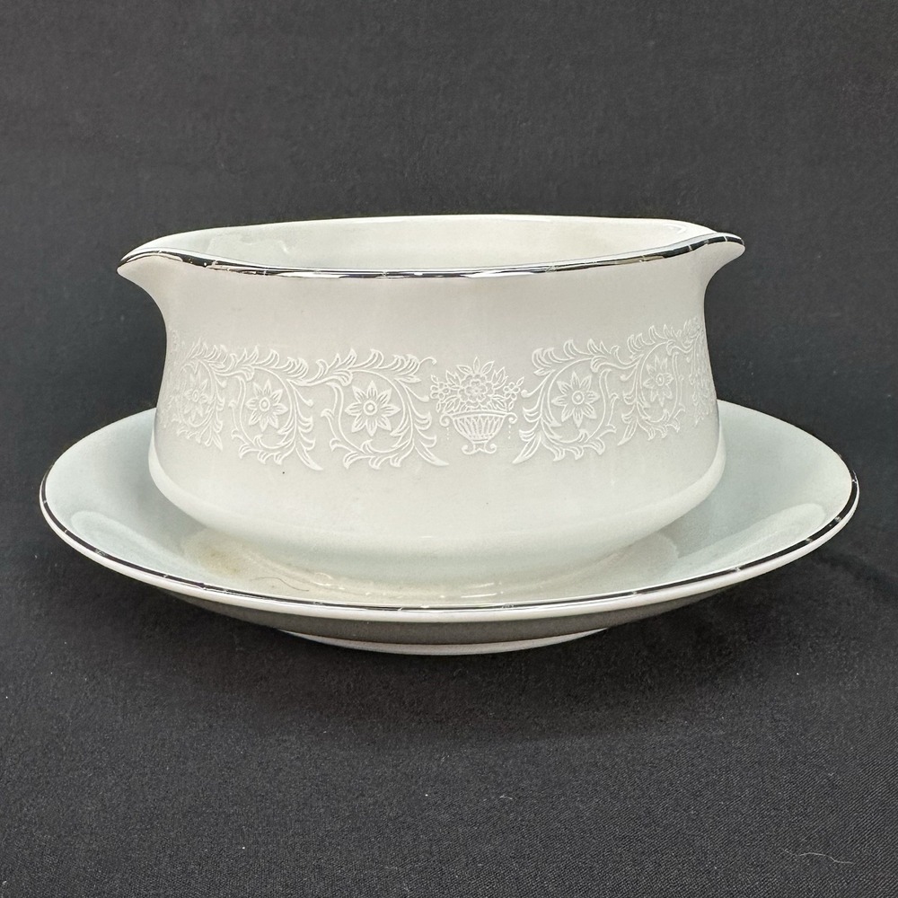Crown Victoria 'Lovelace' Gravy Boat Attached Plate Double Spouts Platinum Trim